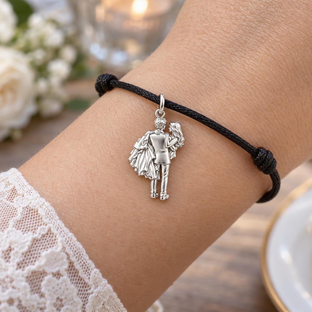 Newlywed Threshold Carry Charm Bracelet – Personalized Couple Gift – worn on the wrist on a black cord bracelet