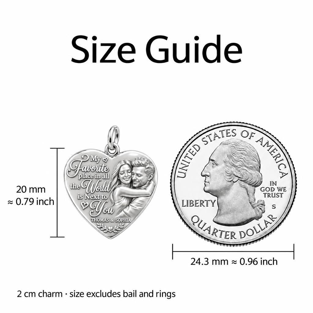 Next To You Heart Charm Bracelet – Personalized Couple Gift – size guide, 3 cm charm next to a quarter