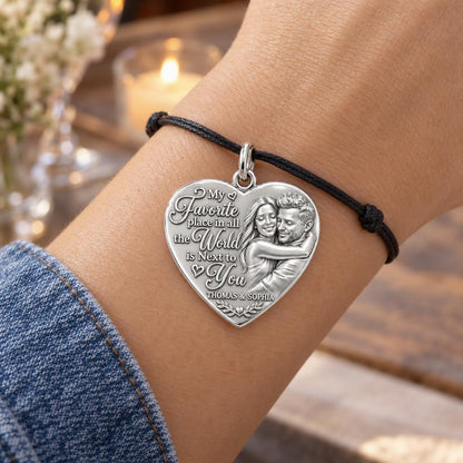 Next To You Heart Charm Bracelet – Personalized Couple Gift – worn on the wrist on a black cord bracelet