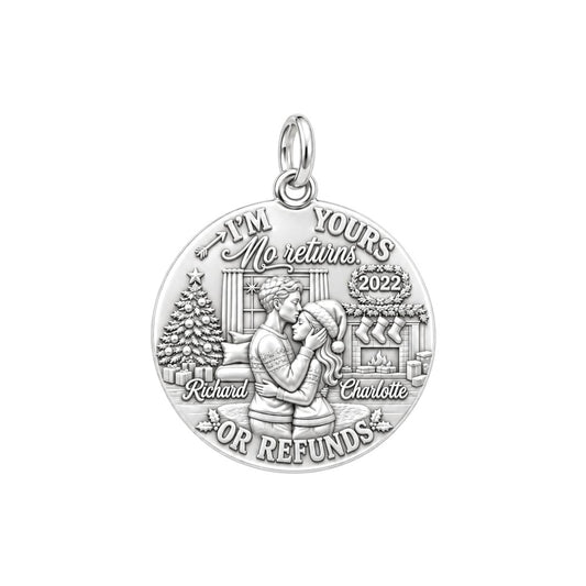 No Returns Holiday Couple Charm Bracelet – Personalized Couple Gift – silver plated 3 cm charm, front view