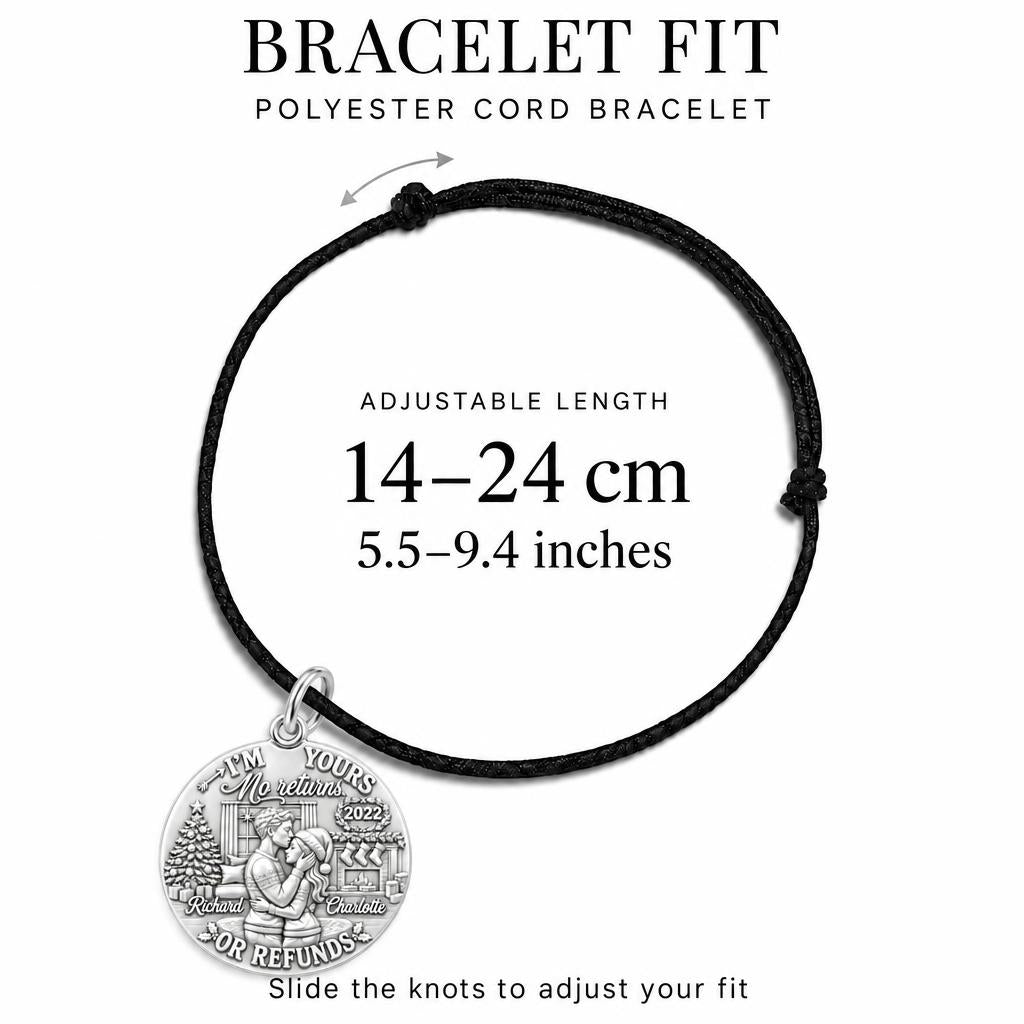 No Returns Holiday Couple Charm Bracelet – Personalized Couple Gift – adjustable black cord bracelet, 14–24 cm