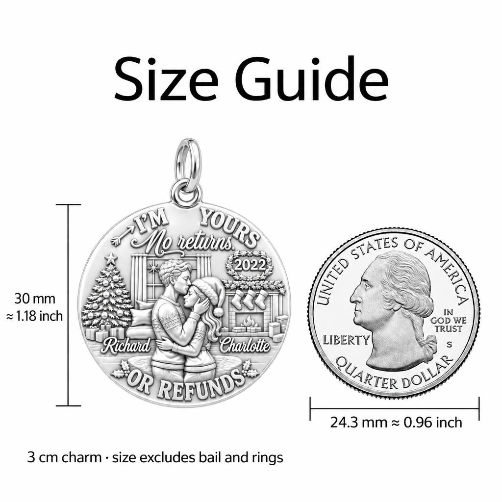 No Returns Holiday Couple Charm Bracelet – Personalized Couple Gift – size guide, 3 cm charm next to a quarter