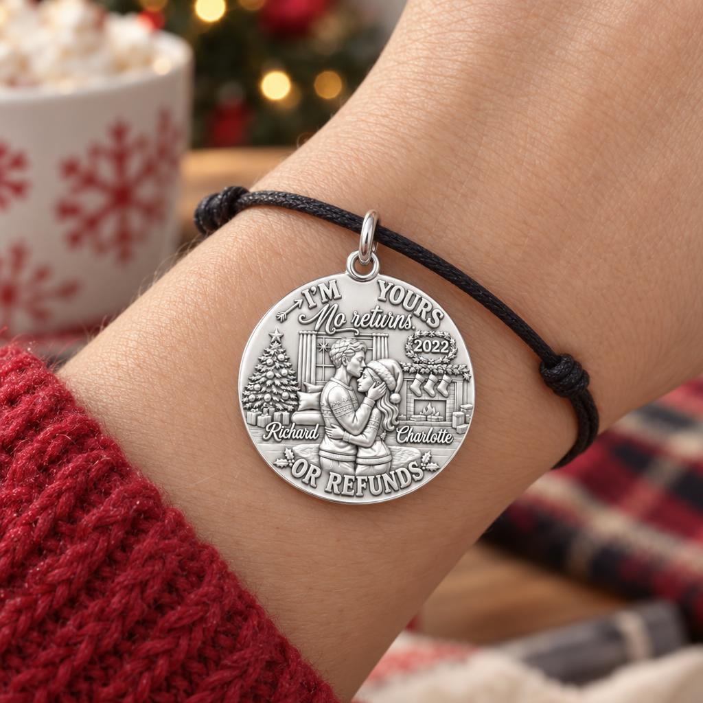 No Returns Holiday Couple Charm Bracelet – Personalized Couple Gift – worn on the wrist on a black cord bracelet