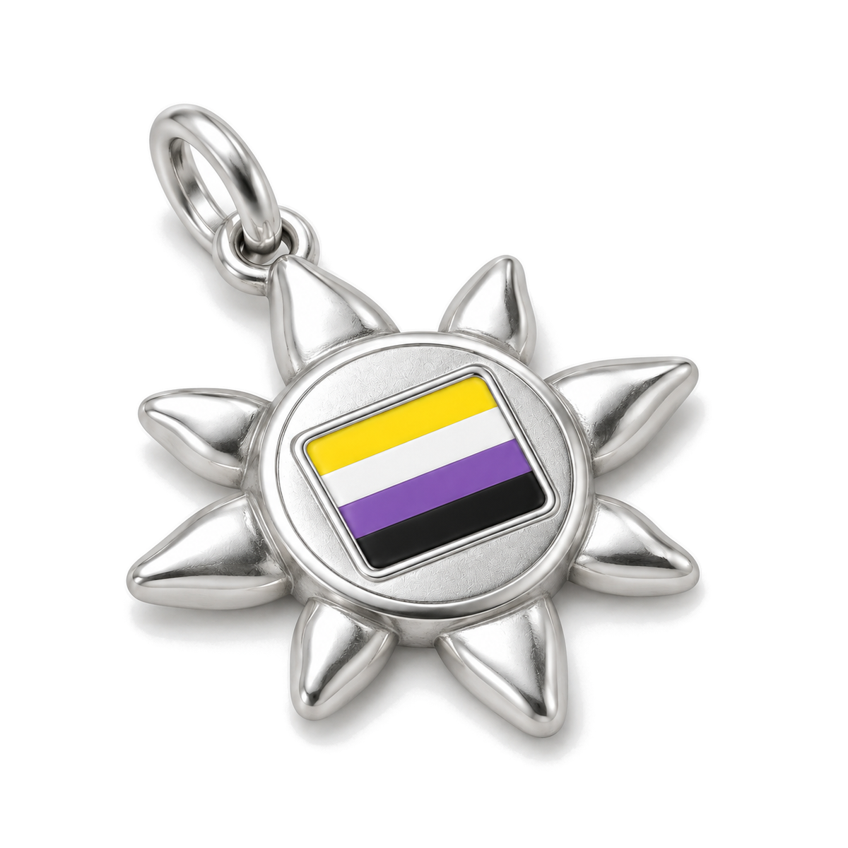 Nonbinary Pride Sunburst Charm — Silver Super Macro | charm-topics-remaining-444-2026-09-14 | topic-310