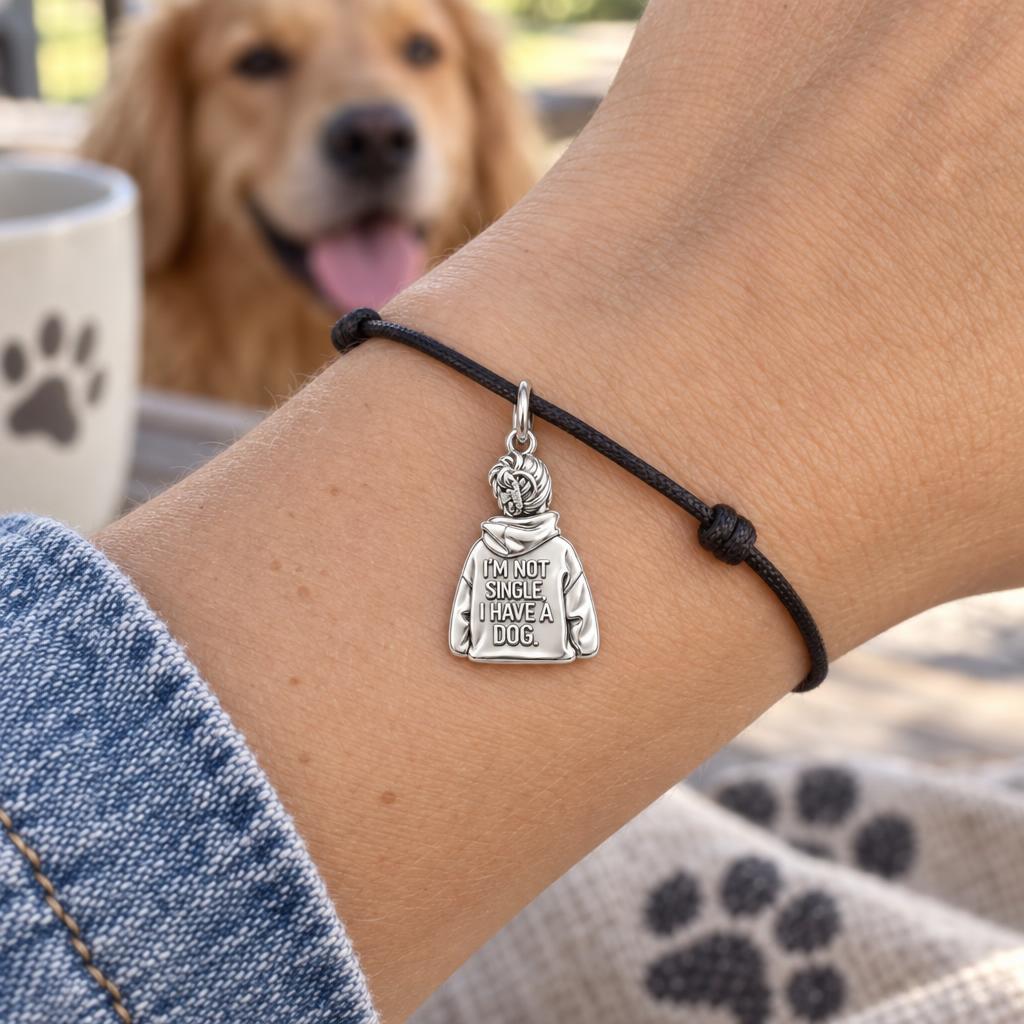 Not Single Dog Mom Charm Bracelet – Personalized Dog Mom Gif – worn on the wrist on a black cord bracelet