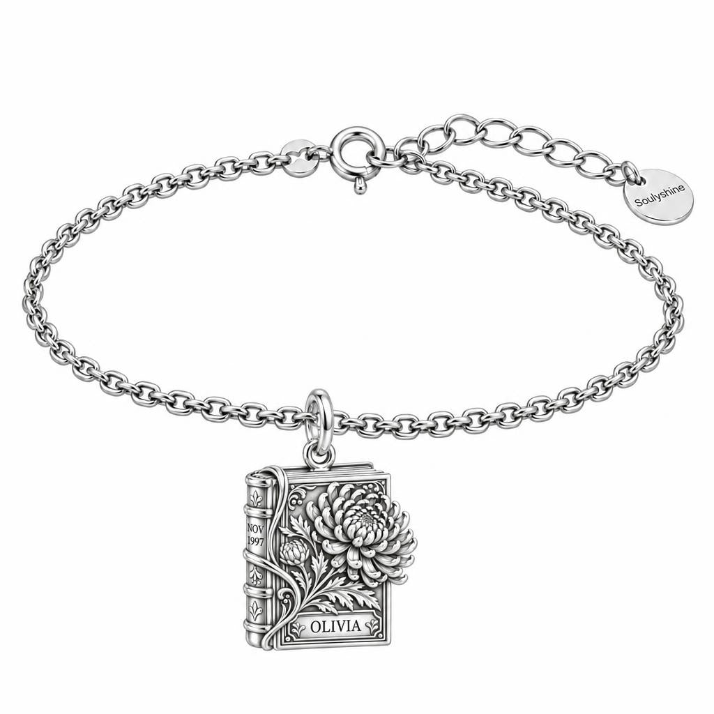 November Chrysanthemum Book Charm Bracelet Set – silver, front view