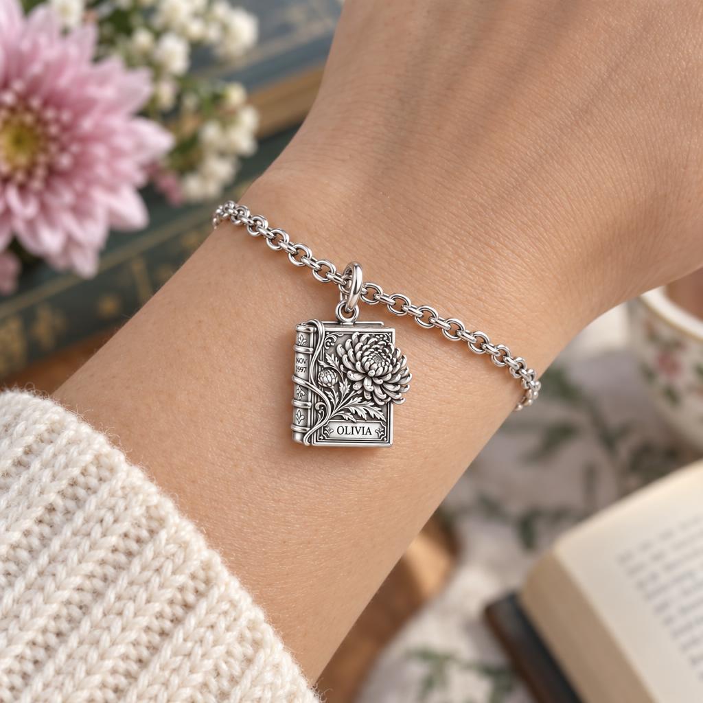 November Chrysanthemum Book Charm Bracelet Set – worn / in use