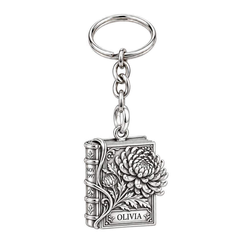 November Chrysanthemum Book Charm Keychain – silver, front view