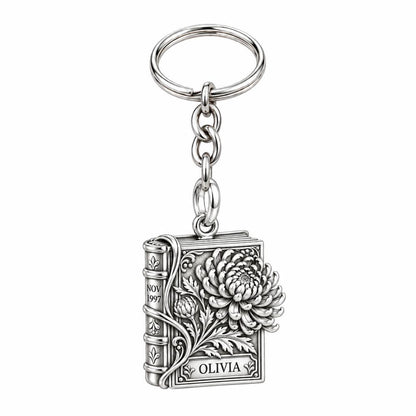 November Chrysanthemum Book Charm Keychain – silver, front view