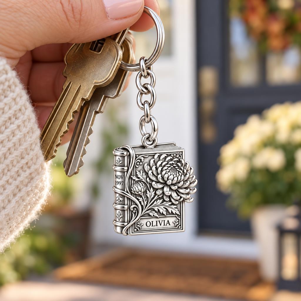 November Chrysanthemum Book Charm Keychain – worn / in use
