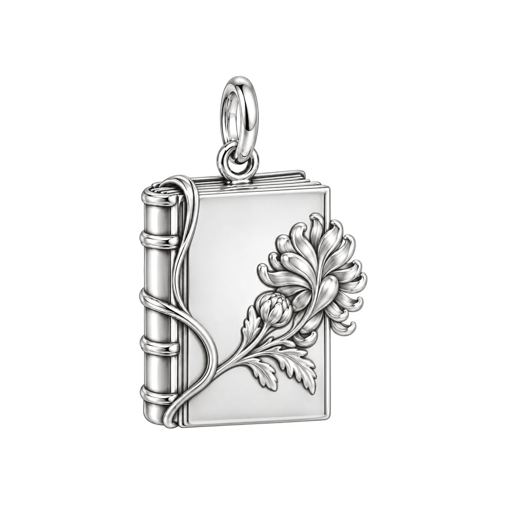 November Chrysanthemum Book Charm Keychain – back of the charm, engraving area