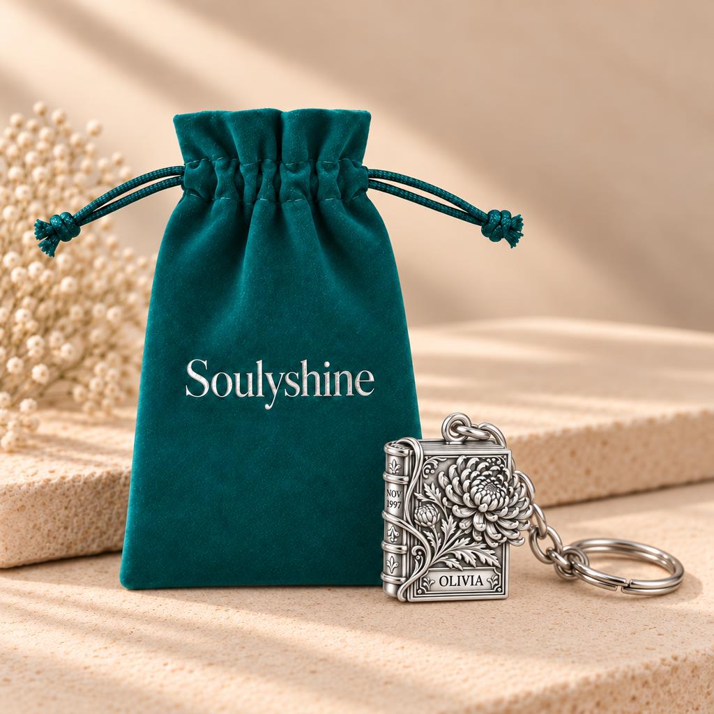 November Chrysanthemum Book Charm Keychain – Soulyshine velvet gift pouch