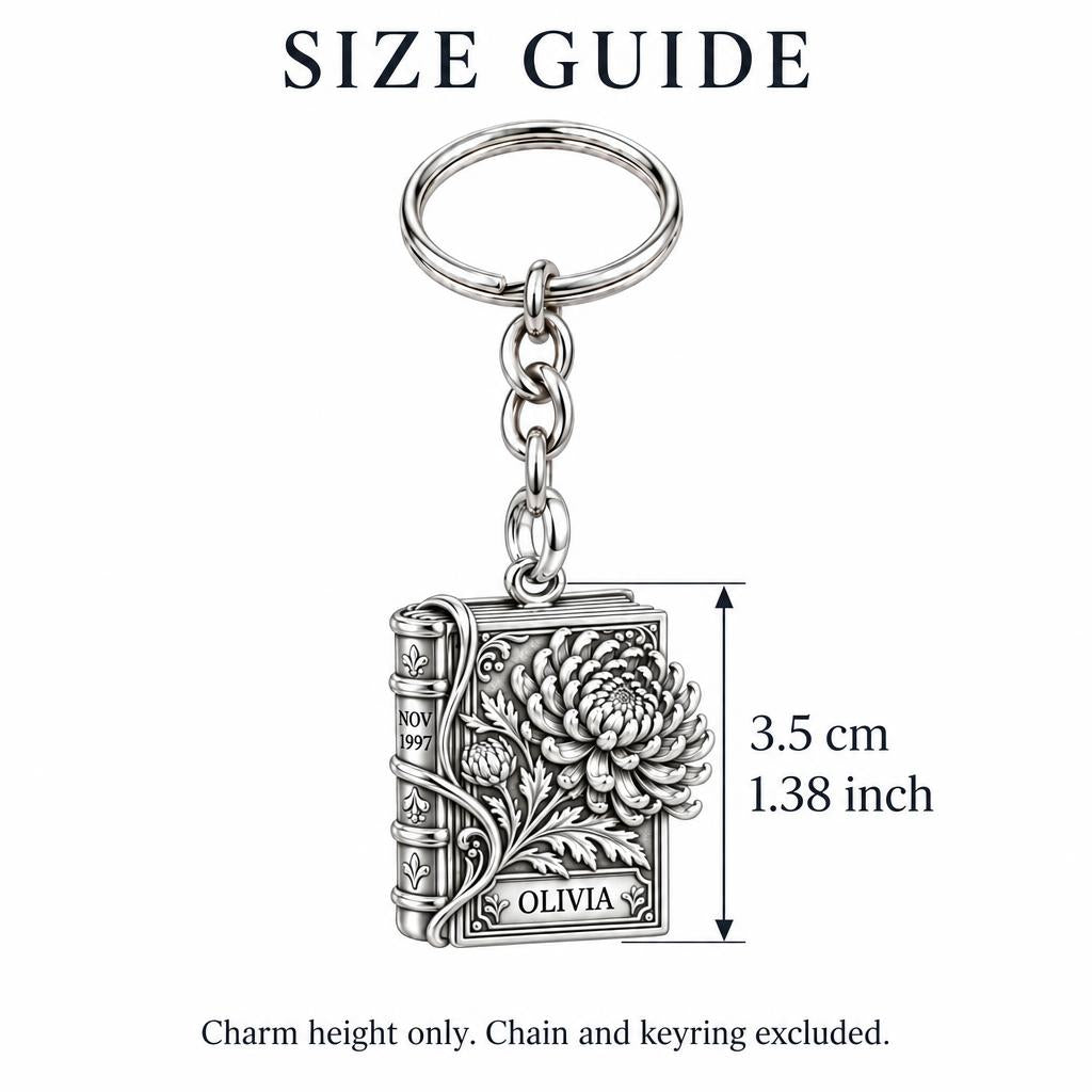 November Chrysanthemum Book Charm Keychain – size guide, 3.5 cm (1.38 in) charm, chain and keyring excluded