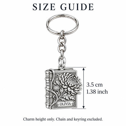 November Chrysanthemum Book Charm Keychain – size guide, 3.5 cm (1.38 in) charm, chain and keyring excluded