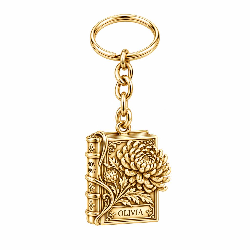 November Chrysanthemum Book Charm Keychain – 18K gold, front view