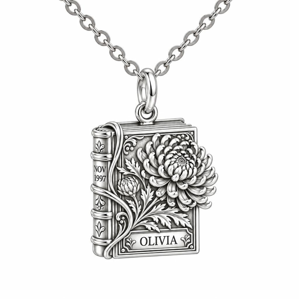 November Chrysanthemum Book Charm Necklace Set – silver, front view