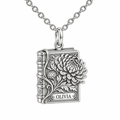 November Chrysanthemum Book Charm Necklace Set – silver, front view