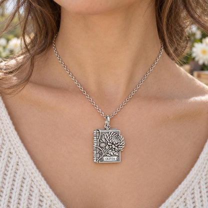 November Chrysanthemum Book Charm Necklace Set – worn / in use