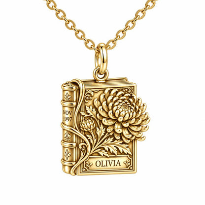 November Chrysanthemum Book Charm Necklace Set – 18K gold, front view