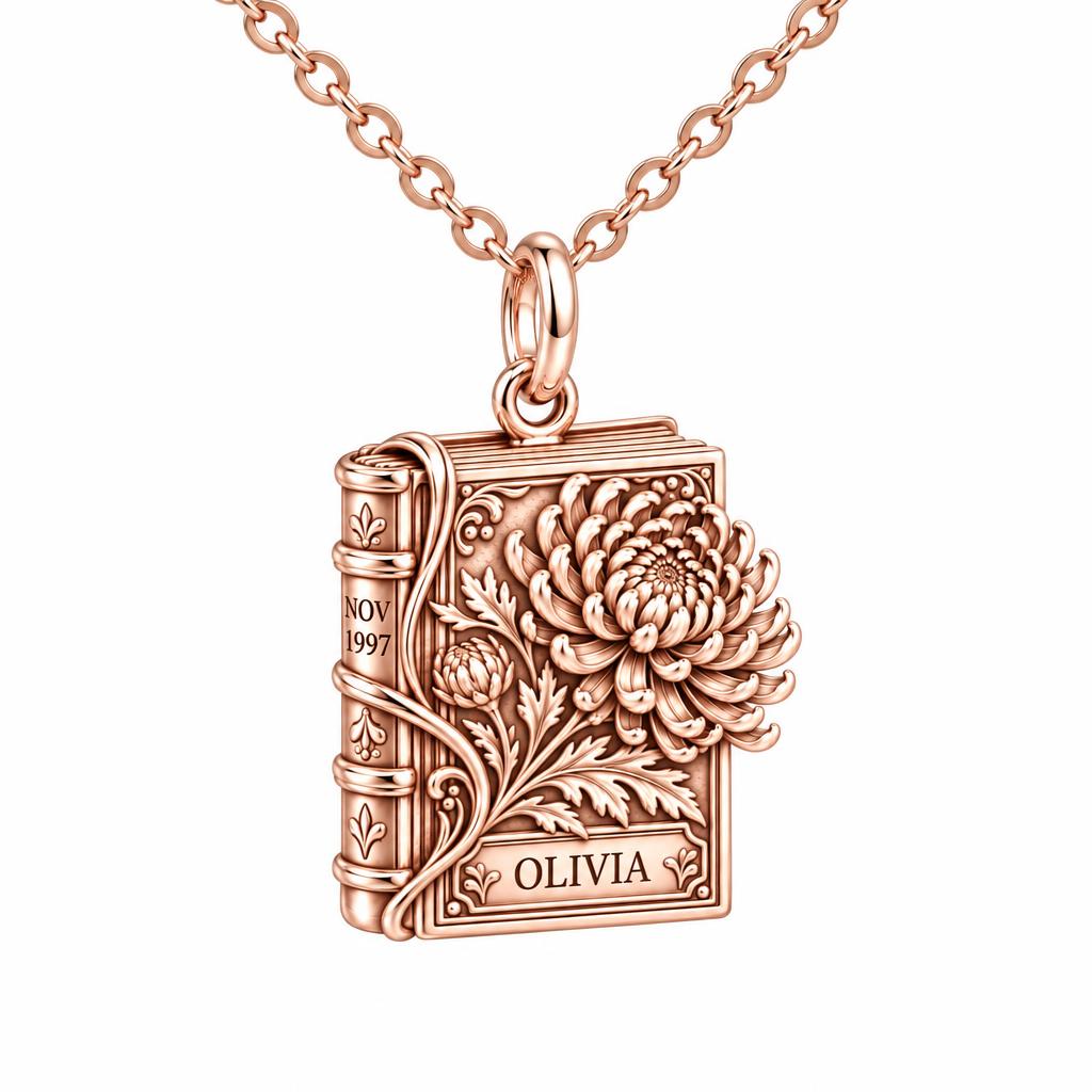 November Chrysanthemum Book Charm Necklace Set – rose gold, front view