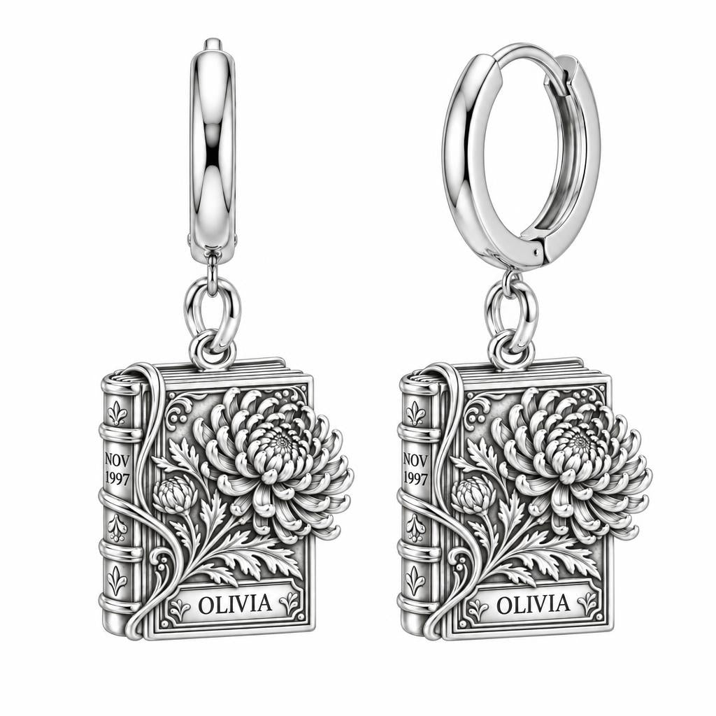 November Chrysanthemum Book Huggie Charm Earrings – silver, front view
