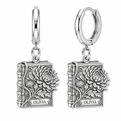 November Chrysanthemum Book Huggie Charm Earrings – silver, front view