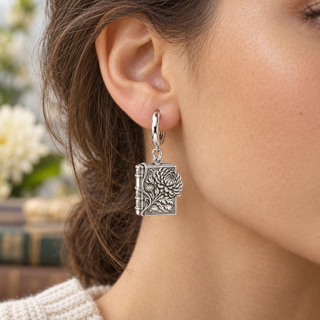 November Chrysanthemum Book Huggie Charm Earrings – worn / in use