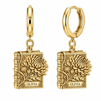 November Chrysanthemum Book Huggie Charm Earrings – 18K gold, front view