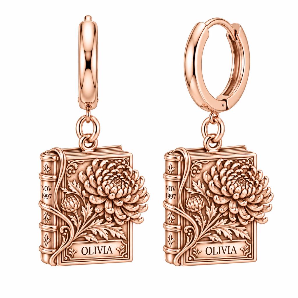 November Chrysanthemum Book Huggie Charm Earrings – rose gold, front view