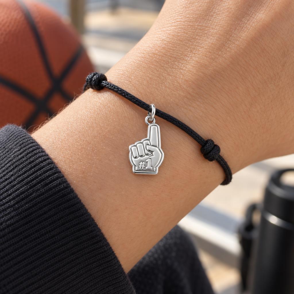 Number One Fan Charm Bracelet – Personalized Sports Gift – worn on the wrist on a black cord bracelet