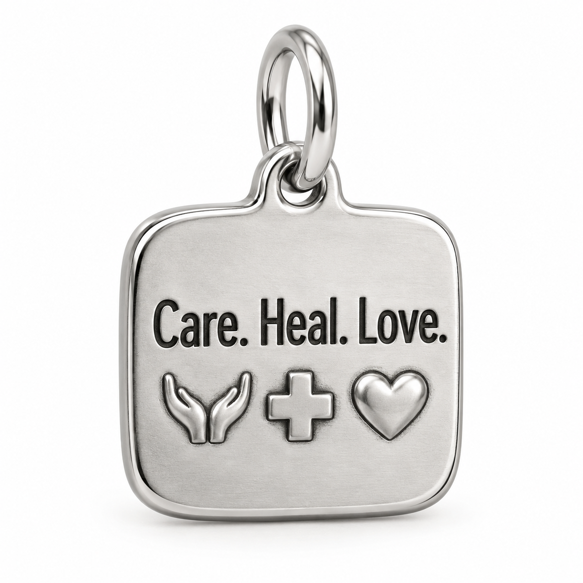 Care. Heal. Love. Engraved Charm polished silver concept