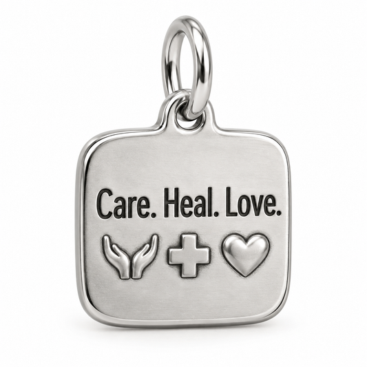 Care. Heal. Love. Engraved Charm polished silver concept