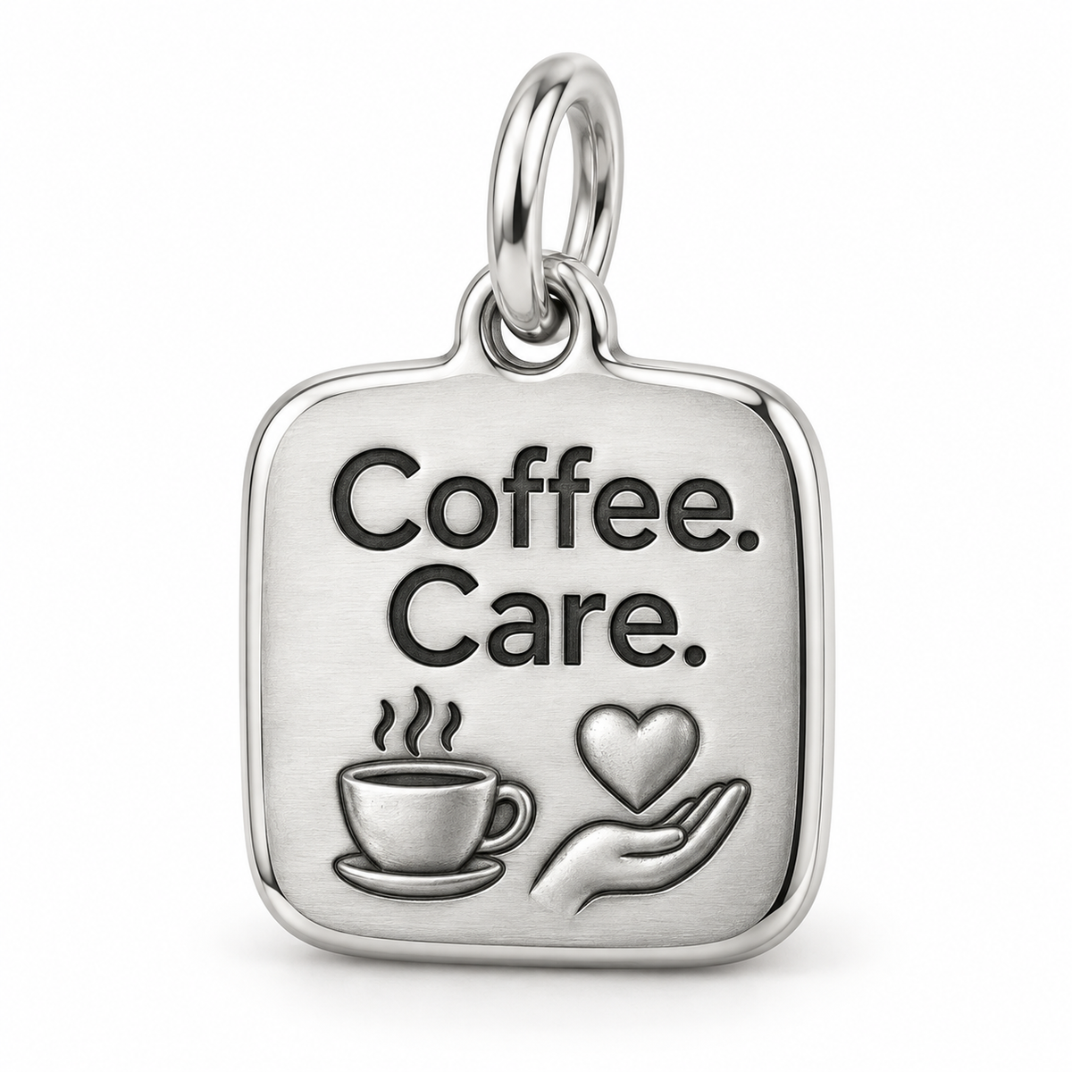 Coffee. Care. Engraved Charm polished silver concept