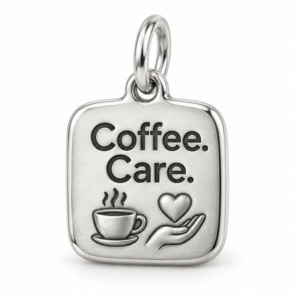 Coffee. Care. Engraved Charm polished silver concept