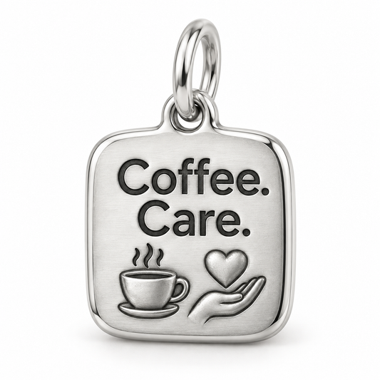 Coffee. Care. Engraved Charm polished silver concept