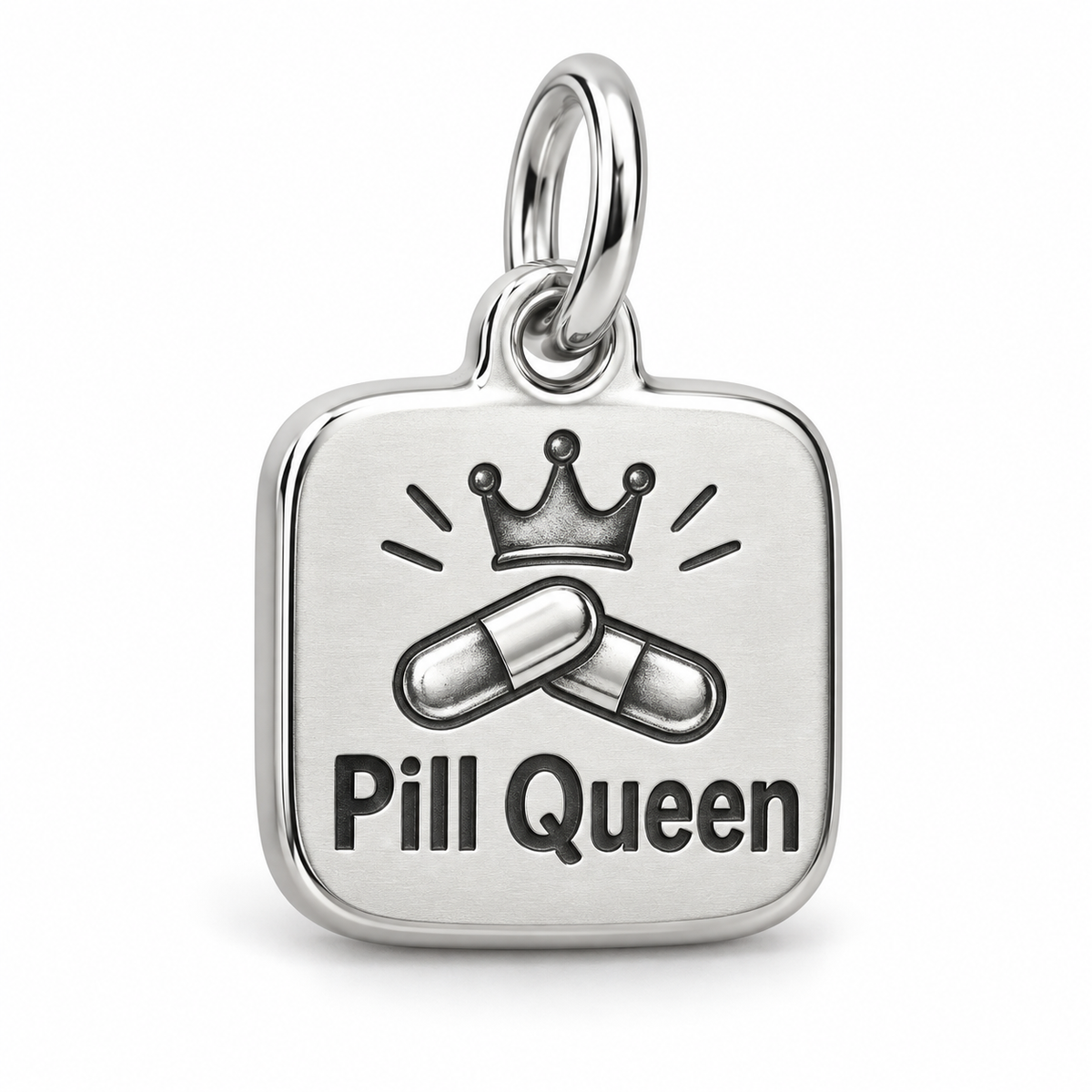 Pill Queen Engraved Charm polished silver concept