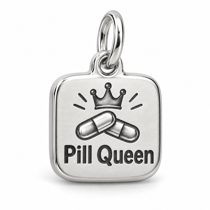 Pill Queen Engraved Charm polished silver concept