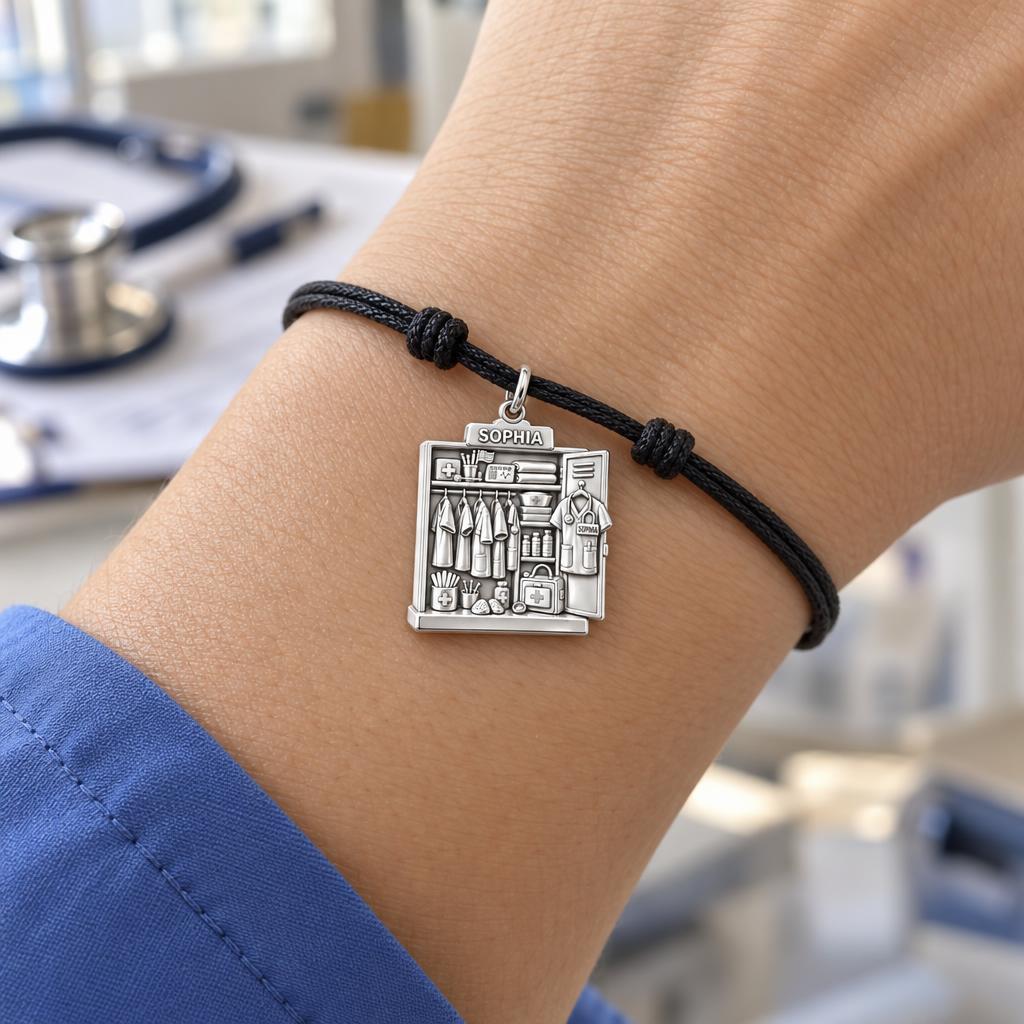 Nurse's Station Locker Charm Bracelet – Personalized Nurse Gift – worn on the wrist on a black cord bracelet