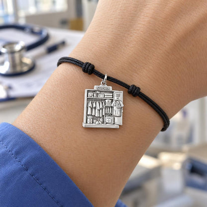 Nurse's Station Locker Charm Bracelet – Personalized Nurse Gift – worn on the wrist on a black cord bracelet