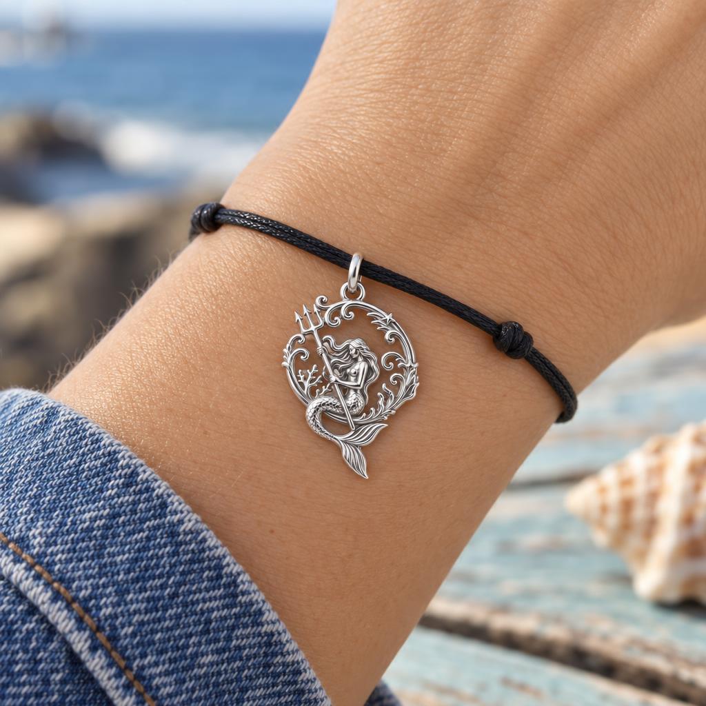 Ocean Guardian Mermaid Charm Bracelet – Personalized Daughter Gift – worn on the wrist on a black cord bracelet