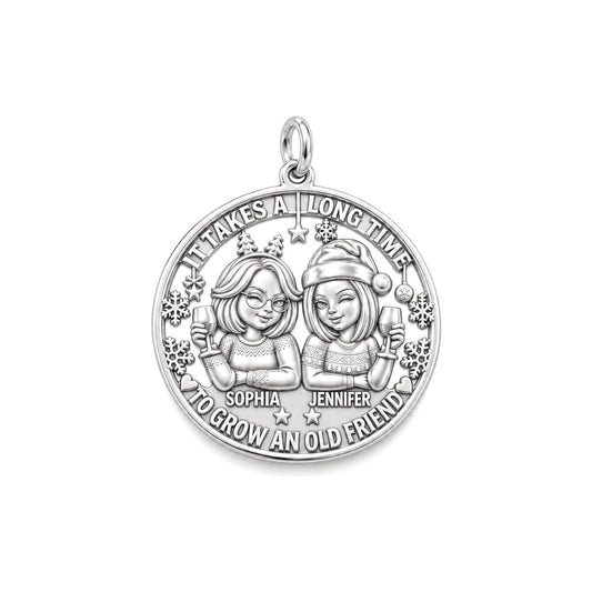 Old Friend Winter Toast Charm Bracelet – Personalized Bestie Gift – silver plated 3 cm charm, front view