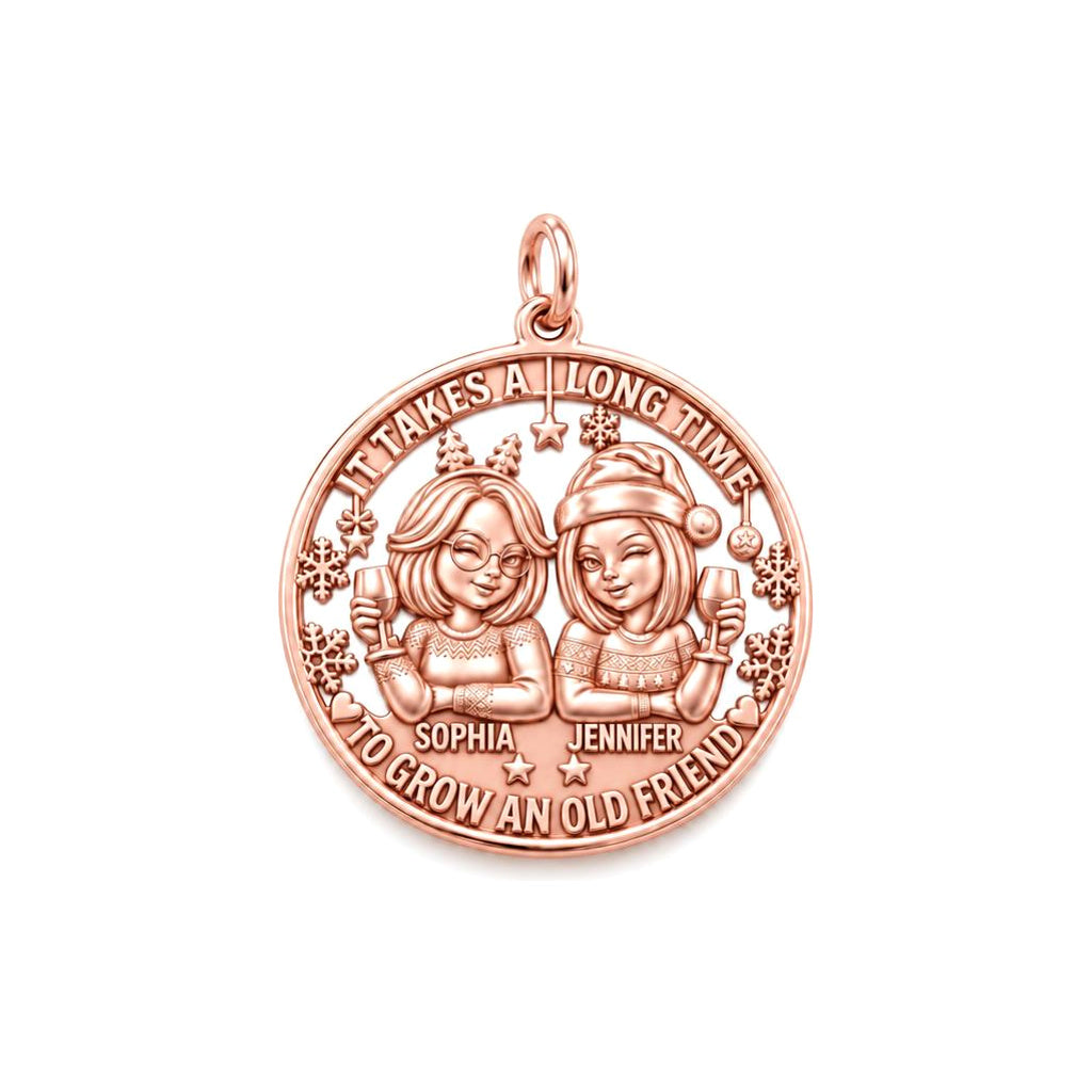 Old Friend Winter Toast Charm Bracelet – Personalized Bestie Gift – rose gold 2 cm charm, front view