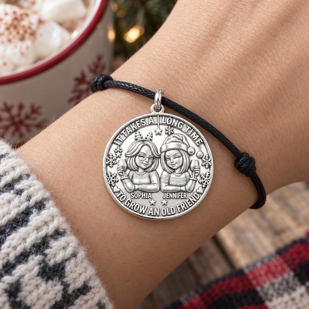 Old Friend Winter Toast Charm Bracelet – Personalized Bestie Gift – worn on the wrist on a black cord bracelet