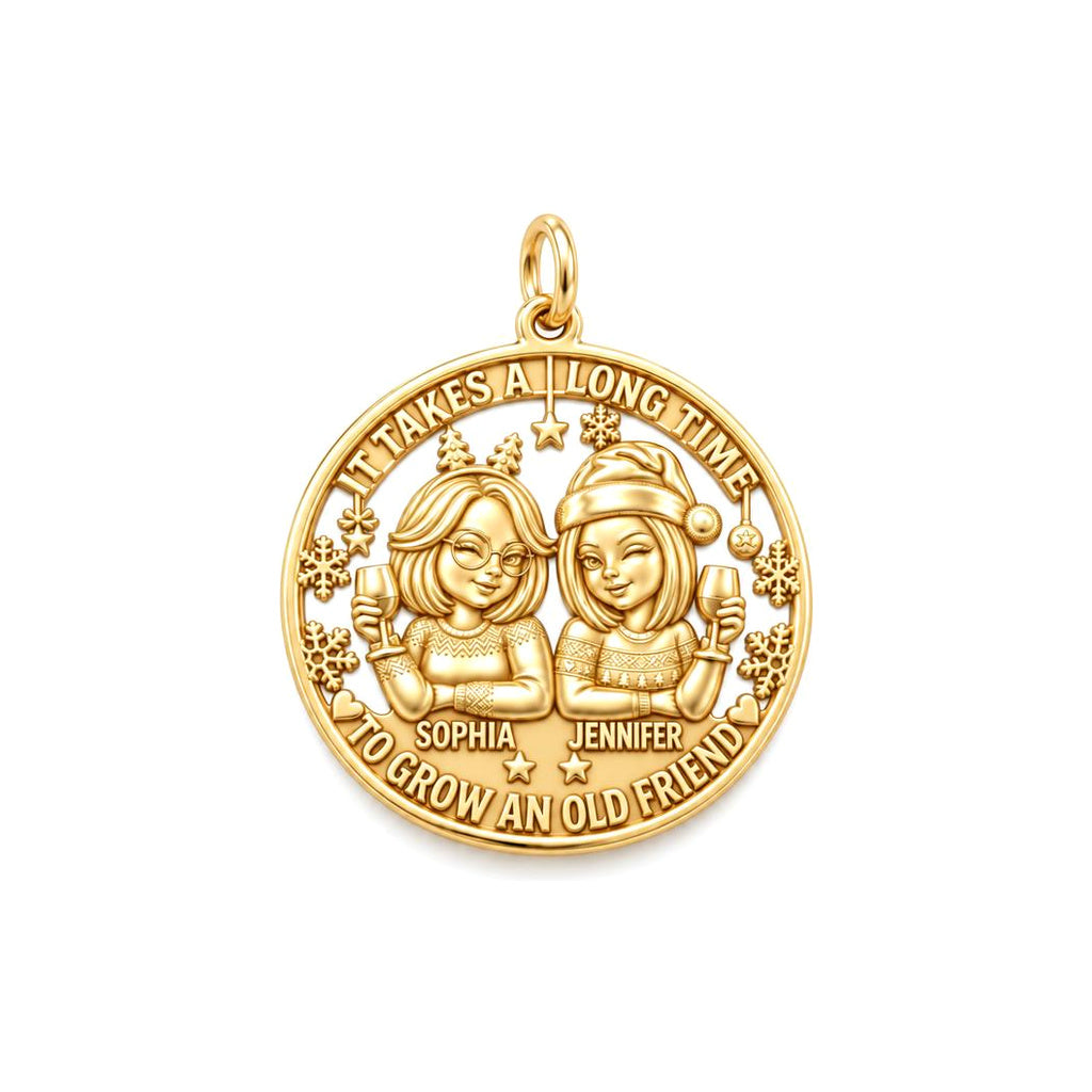 Old Friend Winter Toast Charm Bracelet – Personalized Bestie Gift – 18K gold plated 2 cm charm, front view