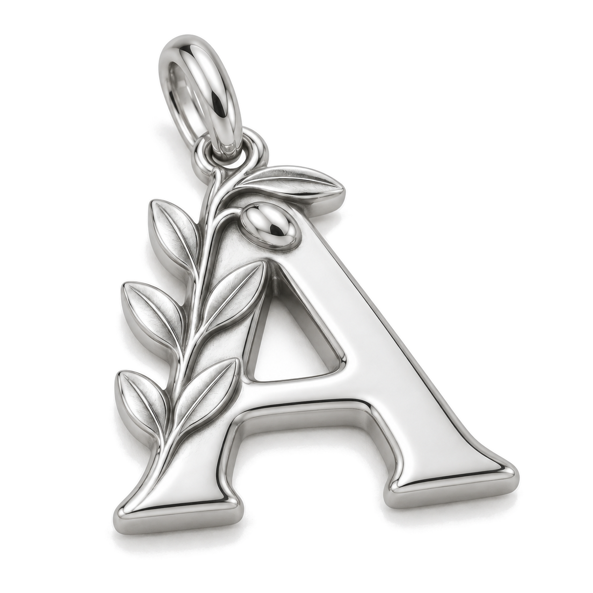 Olive Branch Letter A Charm — Silver Super Macro | charm-topics-remaining-444-2026-09-14 | topic-332
