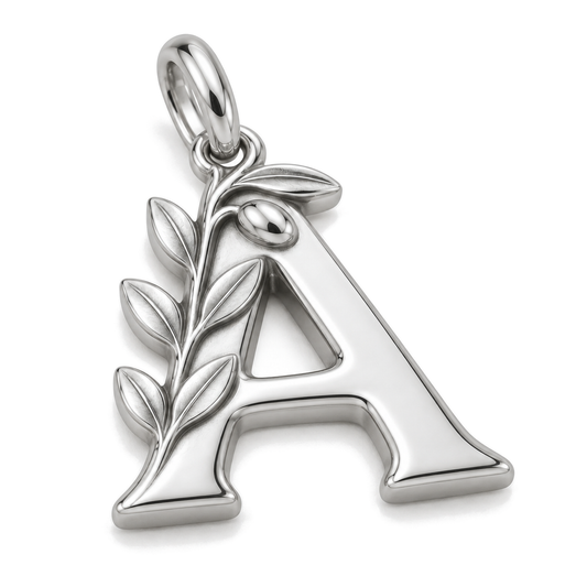 Olive Branch Letter A Charm — Silver Super Macro | charm-topics-remaining-444-2026-09-14 | topic-332