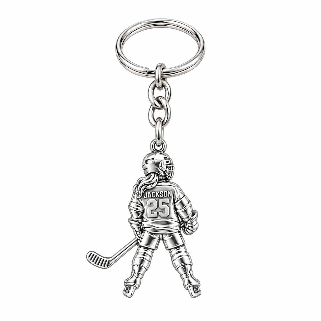 On The Ice Female Hockey Player Charm Keychain – silver, front view
