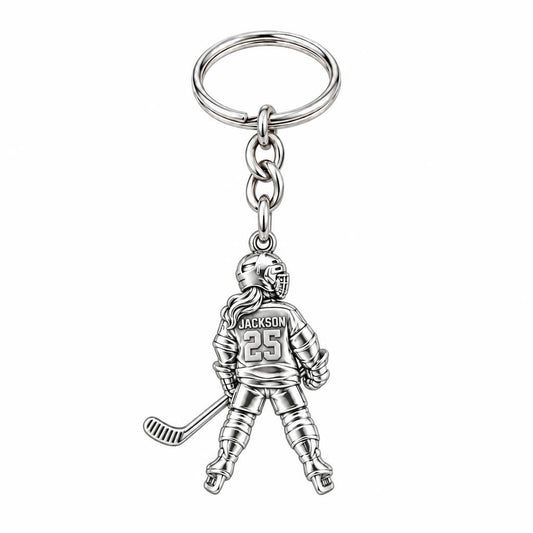 On The Ice Female Hockey Player Charm Keychain – silver, front view