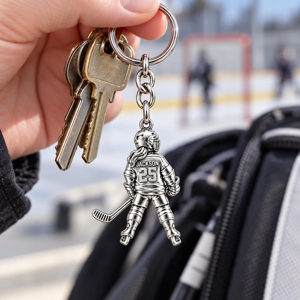 On The Ice Female Hockey Player Charm Keychain – worn / in use