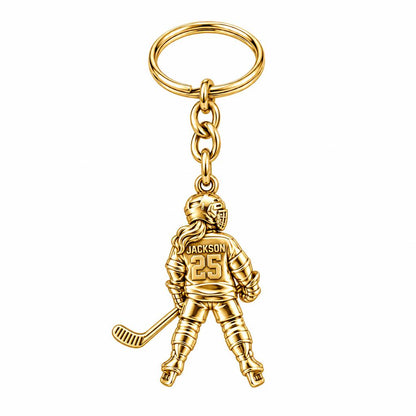 On The Ice Female Hockey Player Charm Keychain – 18K gold, front view